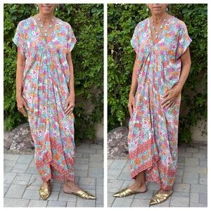 Floral Vibrant Kaftan Pink Turquoise Orange Flowy Maxi Dress Cover Up One Size
